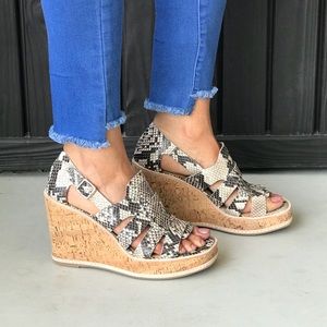 Snake Print Genuine Leather Platform Wedge Sandal